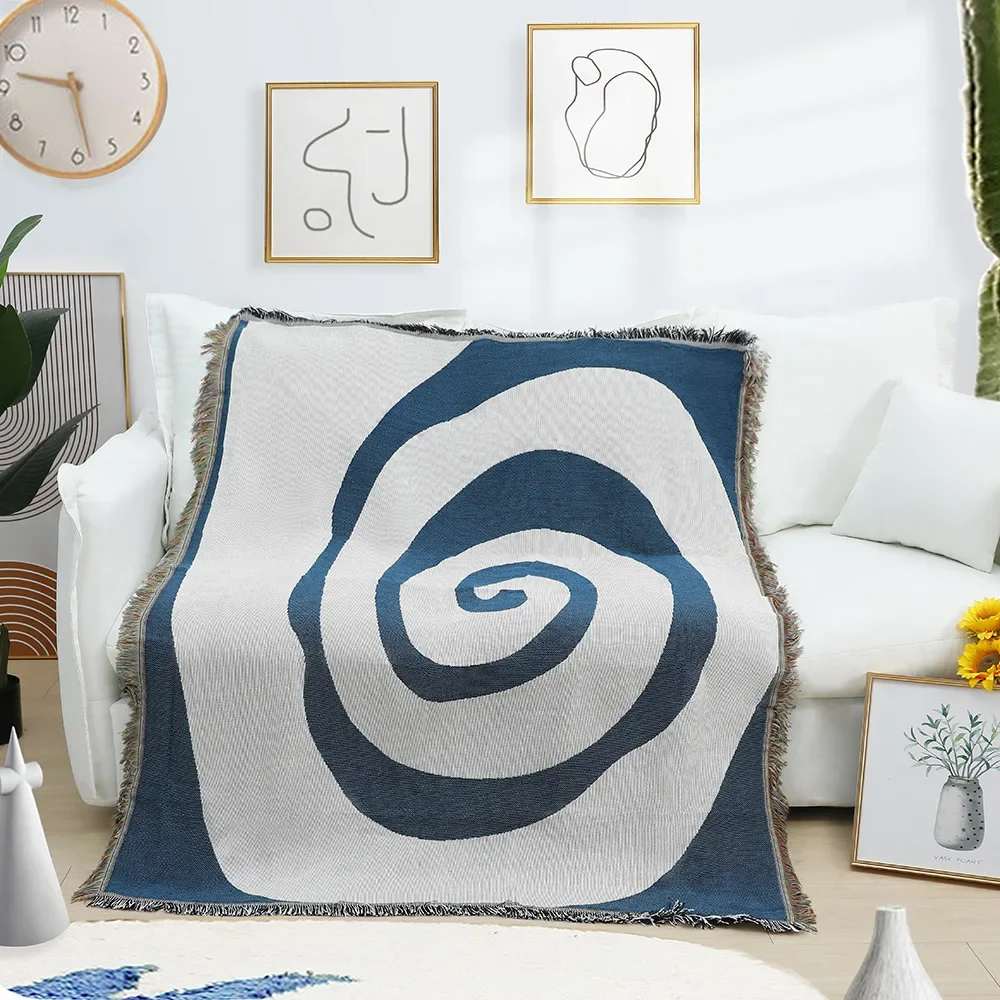 Navy Blue White Abstract Spiral Jacquard Throw Blanket Modern Geometric Swirl Woven Tapestry with Fringe Minimalist Decor Throw