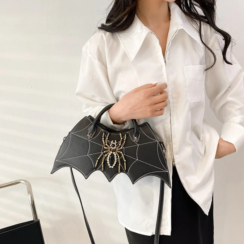 Halloween Bat Shaped Spider Embroidered Diamond Tote Bag PU Leather Cross Body Shoulder Bag Large Capacity Women Fun Handbags