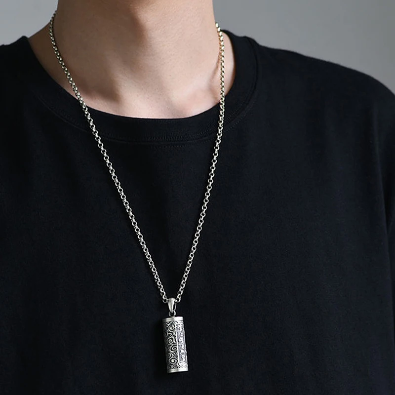 1Pcs 990 Pure Silver Pill Case Holder Pill Box Waterproof Cylinder Pendant Pill Box With Chain Necklace