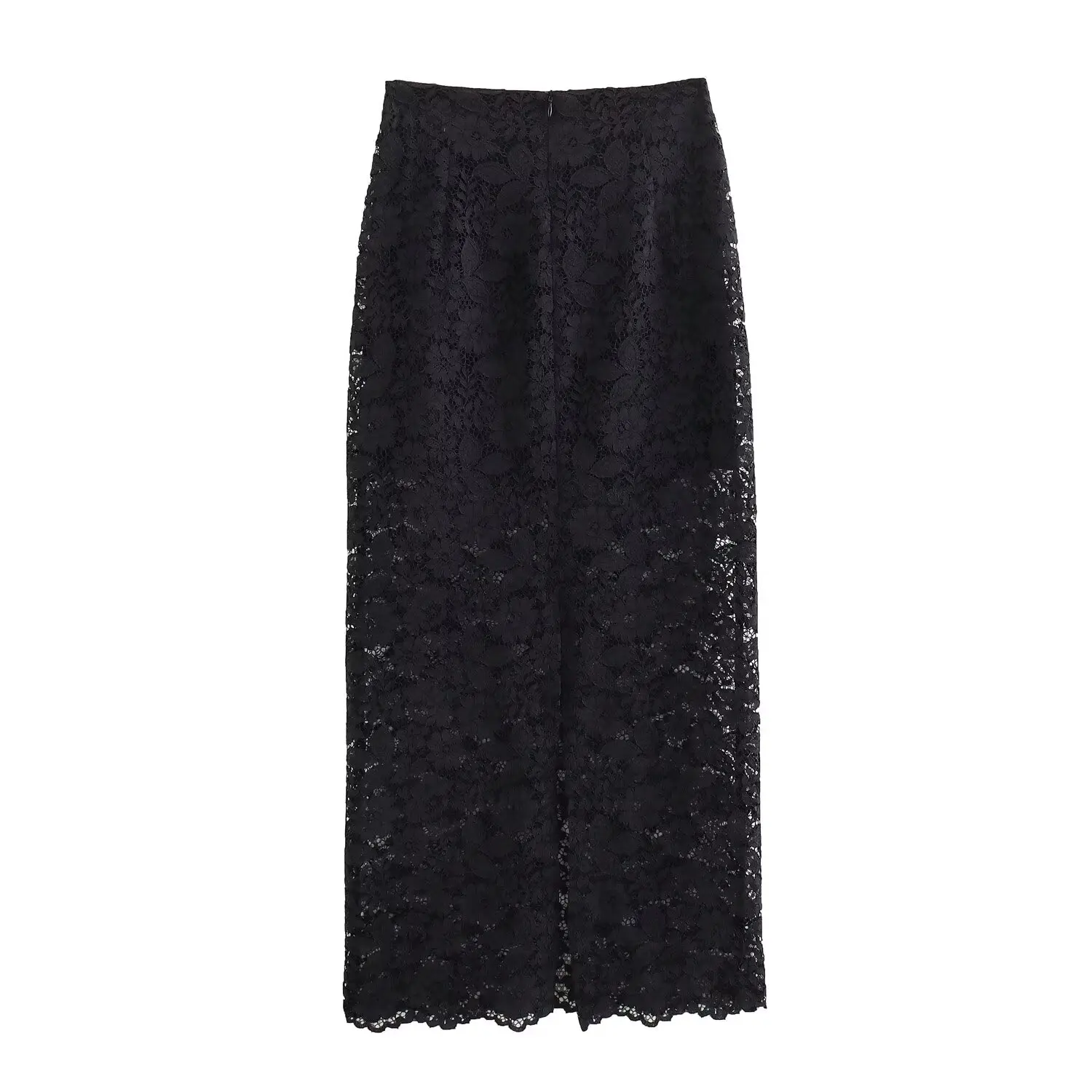 Maxdutti Fashion Summer Black High Waist Straight Split Nordic Midi Skirts Womens Elegant Minimalist Lace Skirt