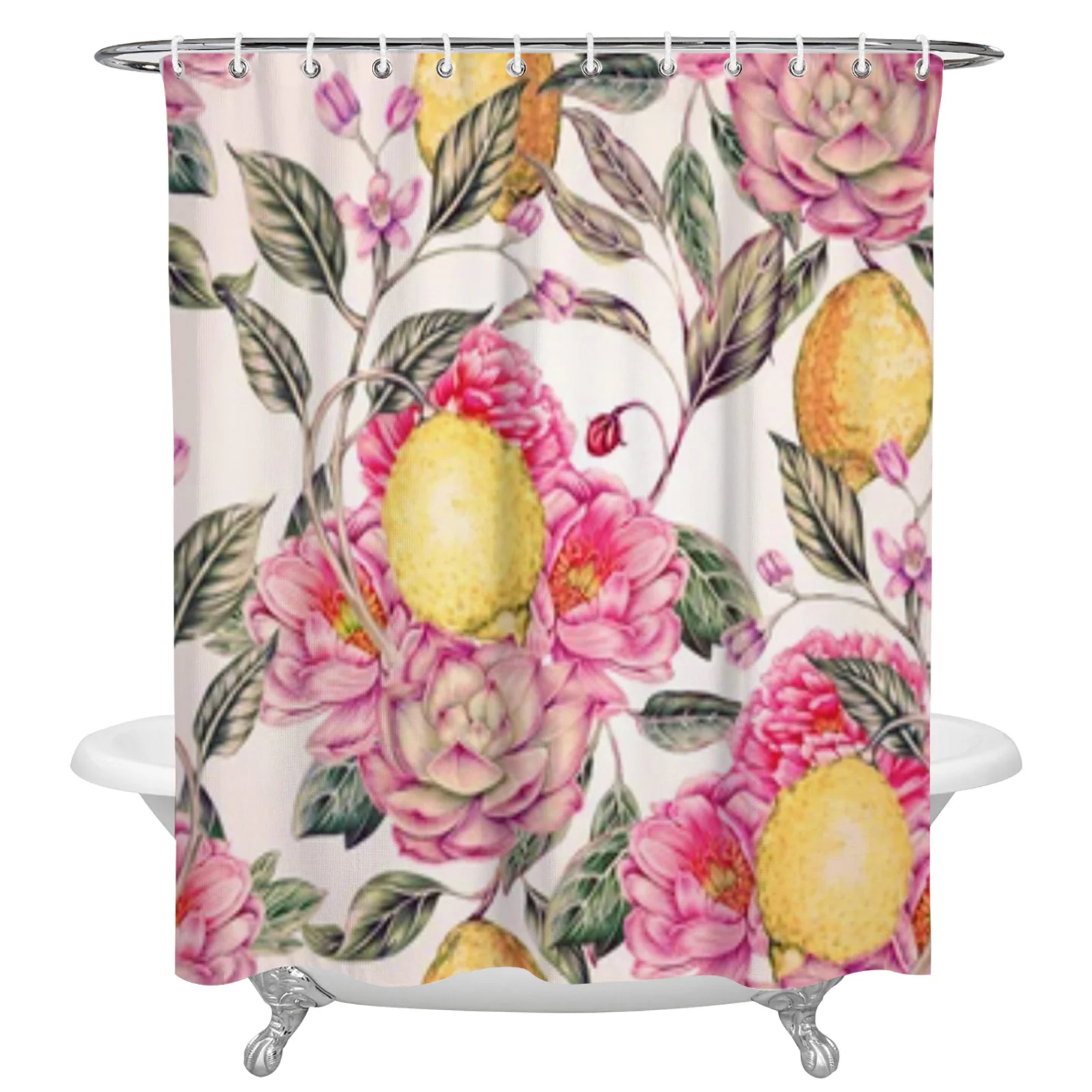 Fruit Lemon Blooming Flowers Peonies Shower Curtain Waterproof Polyester Bath Curtain Home Decoration Bathroom Accessory Curtain