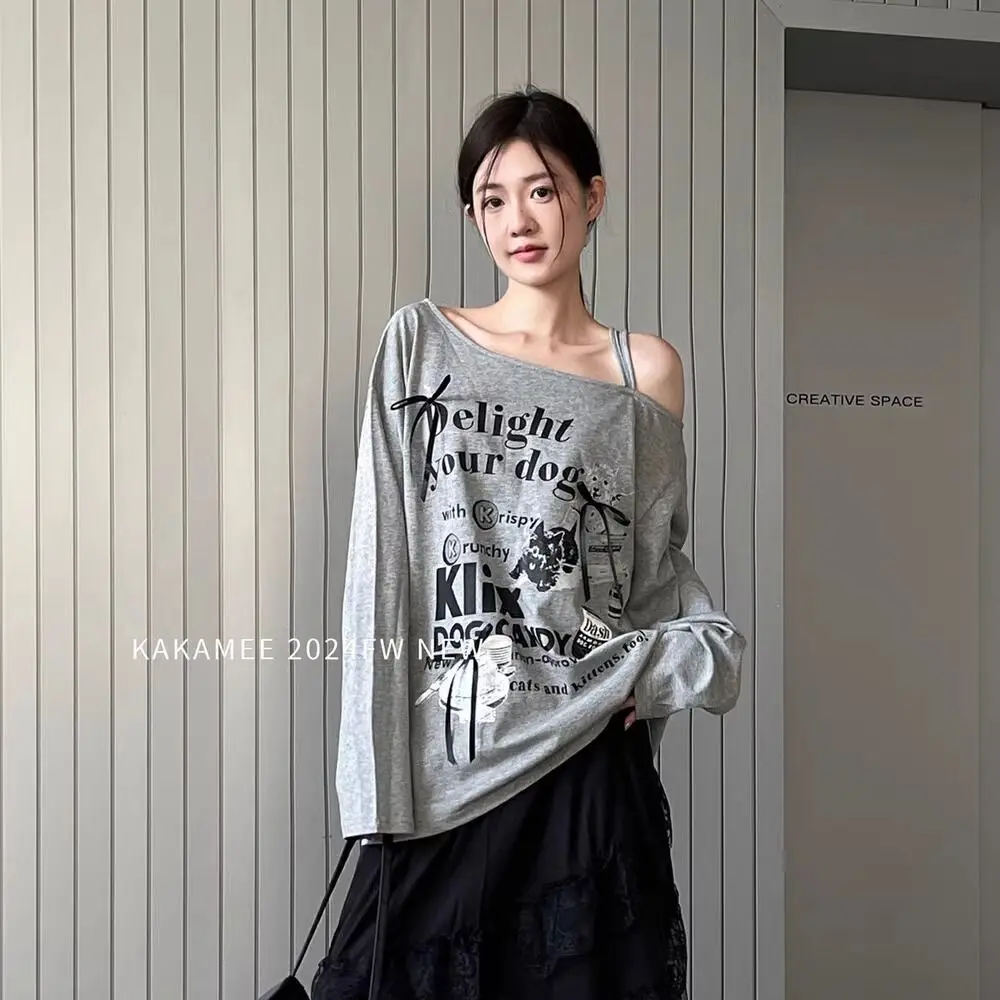 Autumn Casual Letter Printing Top Tee Women Clothes Trend Irregular Off Shoulder Loose Long Sleeve T-Shirts Female Korean Tops