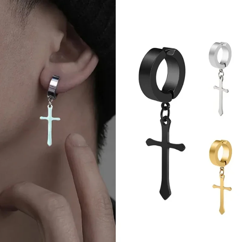 2 Pcs Stainless Steel Clip On Earrings For Women Men Black Gold Color Cross Gothic Punk Rock Drop Pendiente Non Piercing Jewelry