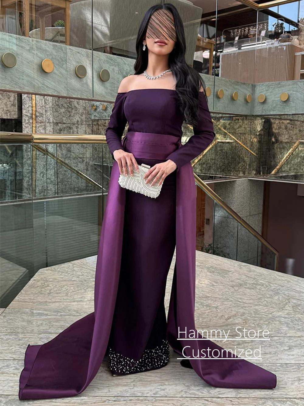 Elegancka suknia wieczorowa szyta na miarę z dekoltem w łódkę, długimi rękawami, długości do podłogi, zdobiona koralikami, formalna suknia balowa z trenem, sukienki na przyjęcia.