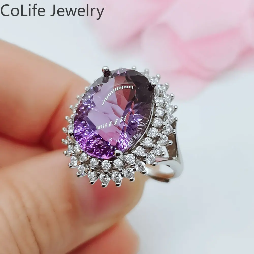 

Classic 925 Silver Amethyst Ring for Woman Daily Wear 12mm*16mm VVS Grade Natural Amethyst Ring with 3 Layers 18K Gold Plating