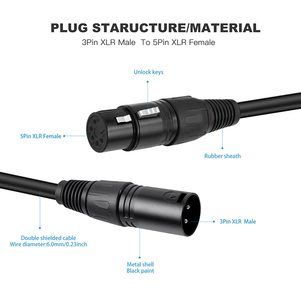 XLR Male 3 Pin To XLR Female 5 Pin Audio Cable XLR 3M To XLR 5F DMX Lighting Cable for Microphone DMX Stage Light Turnaround