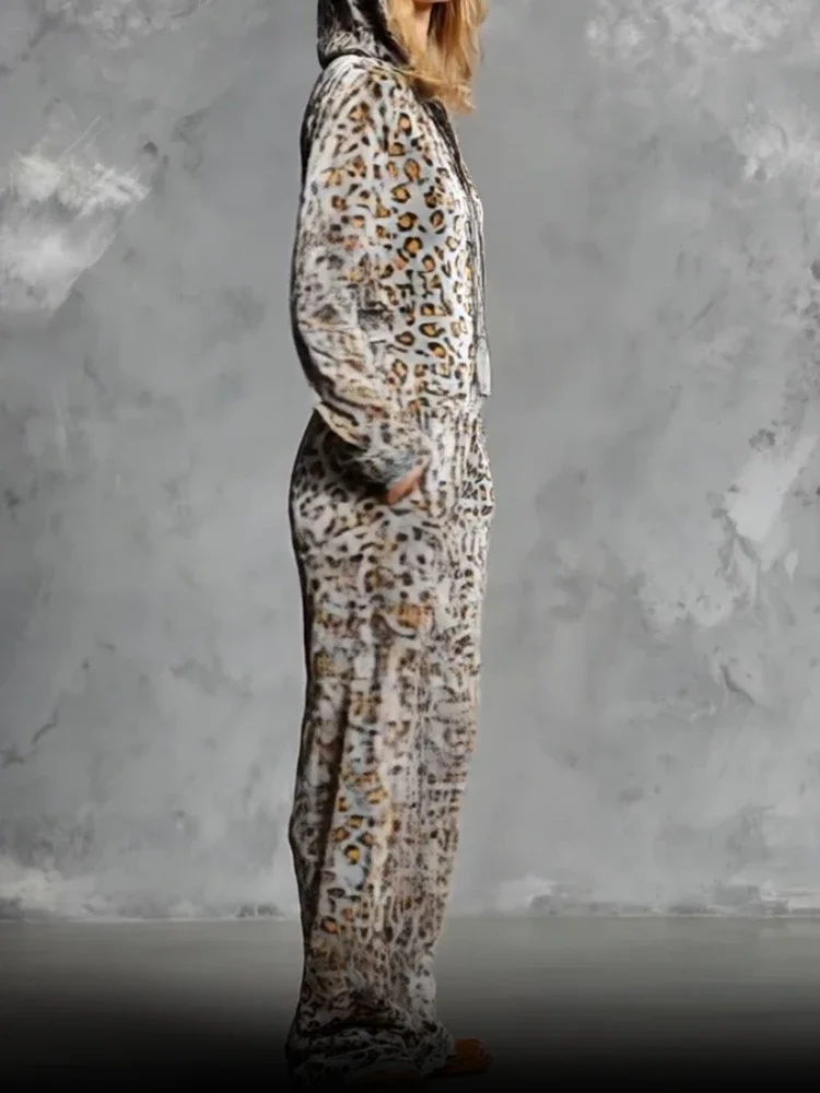Herbst Winter Neue Goldene Samt Leopard Print Overall Mode Hohe Taille Tasche Hoodies Strampler Beiläufige Lose Breite Bein Playsuits