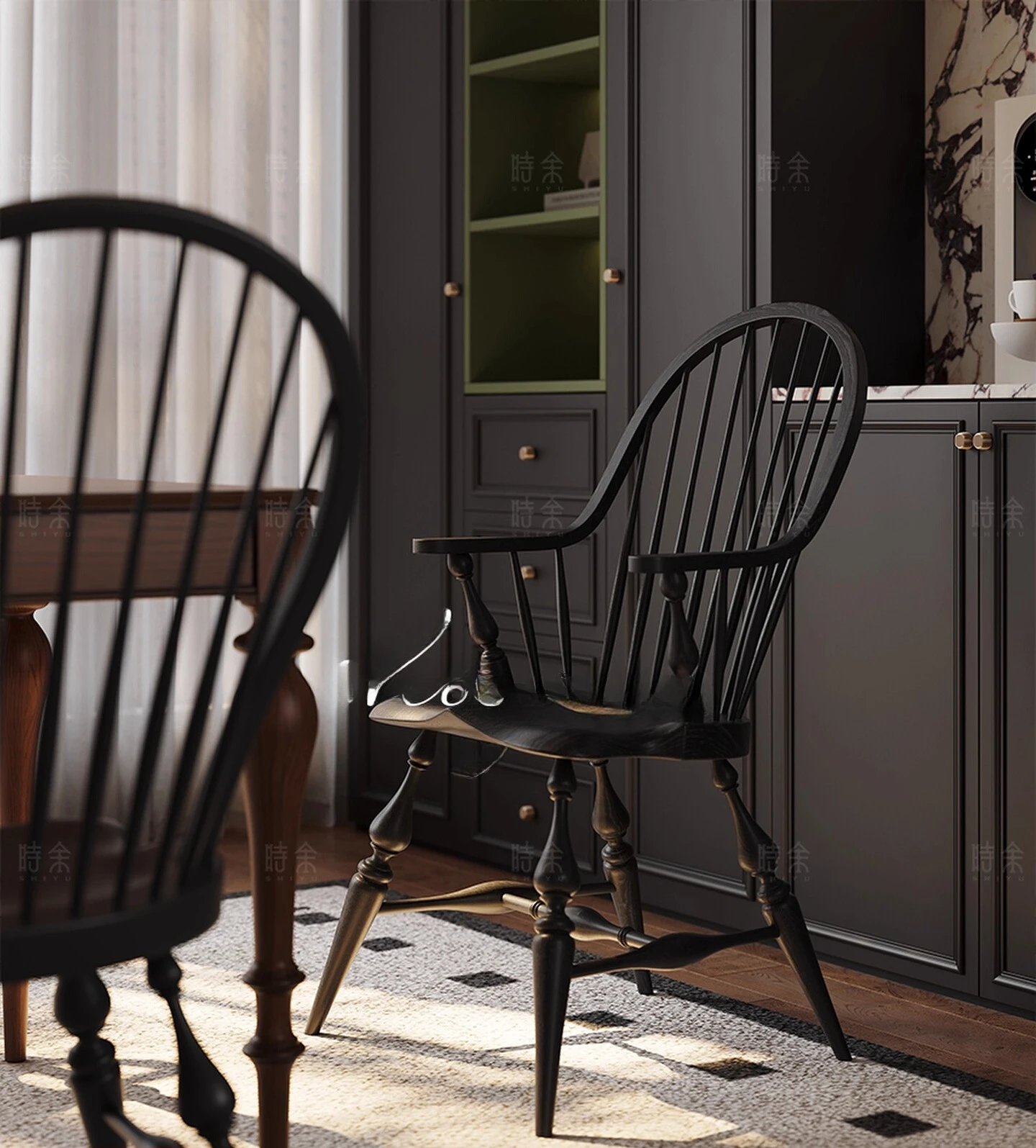 Medieval Windsor Dining Chair French Dressing Chair Small American Black Living Room High-end All Solid Wood Dining Chair