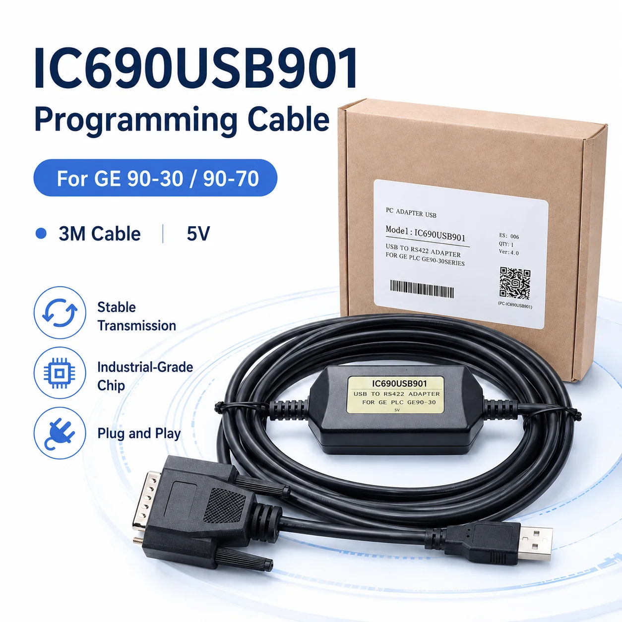 3M IC690USB901 PLC Program Download Cable for GE 90-30 90-70 USB to RS422 Adapter 5V High Performance Communication