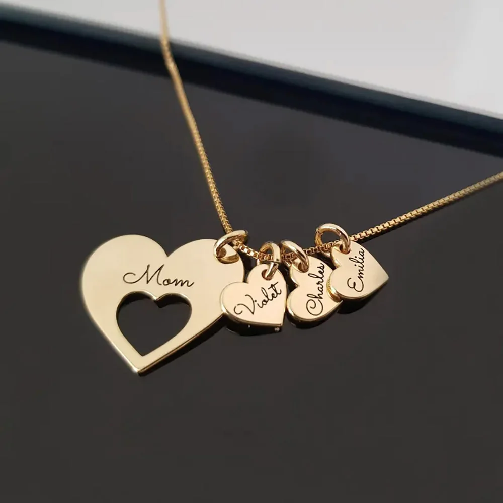 

Personalized Name Hearts Necklace For Mom Engraved With Multiple Kids Names Customized Stainless Steel Jewelry Mother's Day Gift