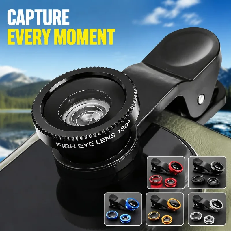 Universal Phone Camera Lens Kit 3 in 1 with 0.45X Wide Angle Macro and Fisheye Lenses with Clip for iPhone Samsung Smartphone