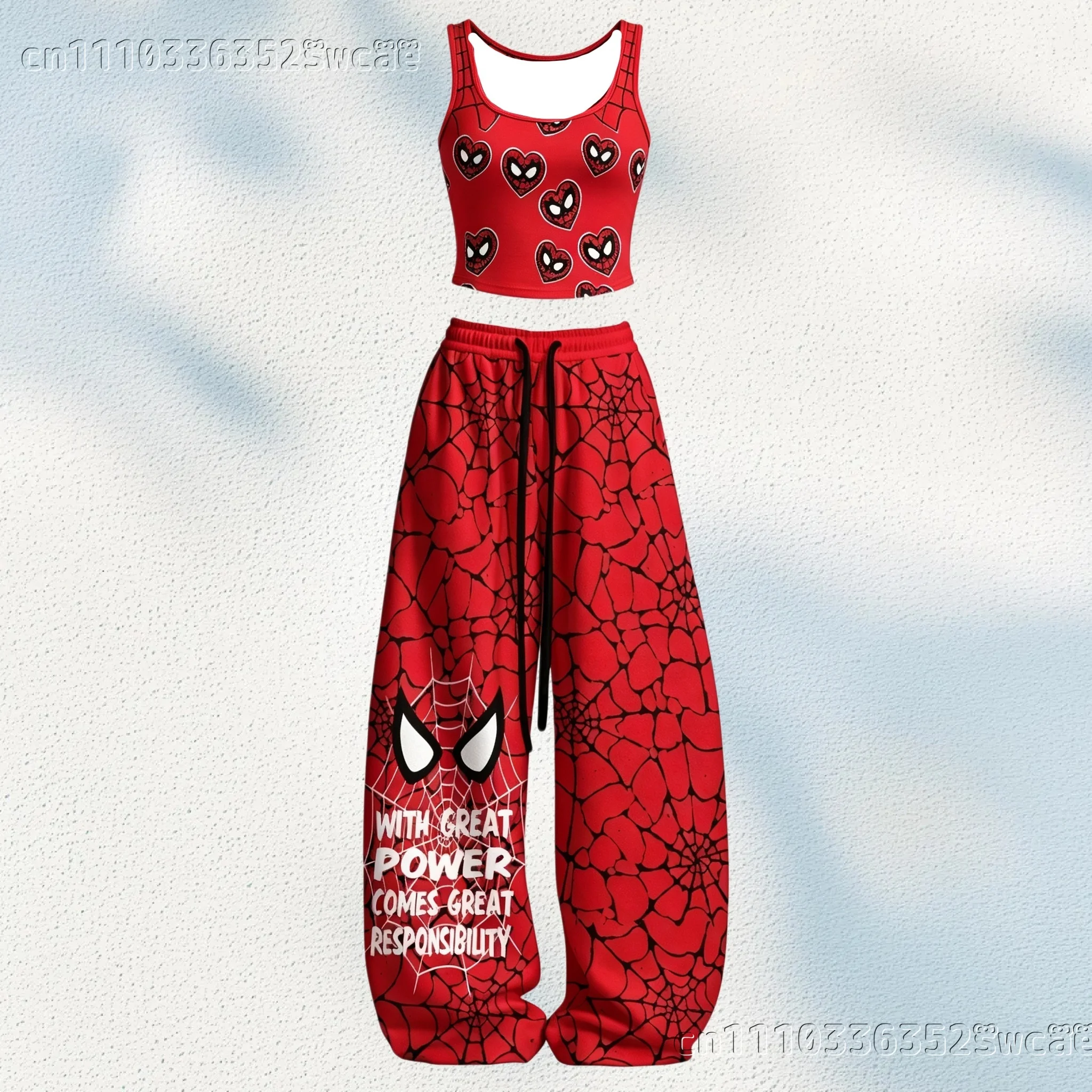 Image of NEUES Set mit Spinnennetz-Print, Crop-Tanktop und weiter Hose für Damen, angesagtes Outfit, lässiger zweiteiliger Trainingsanzug, Streetwear, für Familie und Kinder