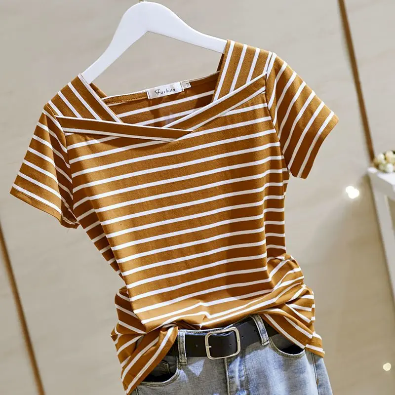 100% Cotton T Shirts Women Fashion Striped V-Neck T-Shirt Casual Short Sleeve Tops 2024 Summer Trend Thin Oversized Tshirt Y2k