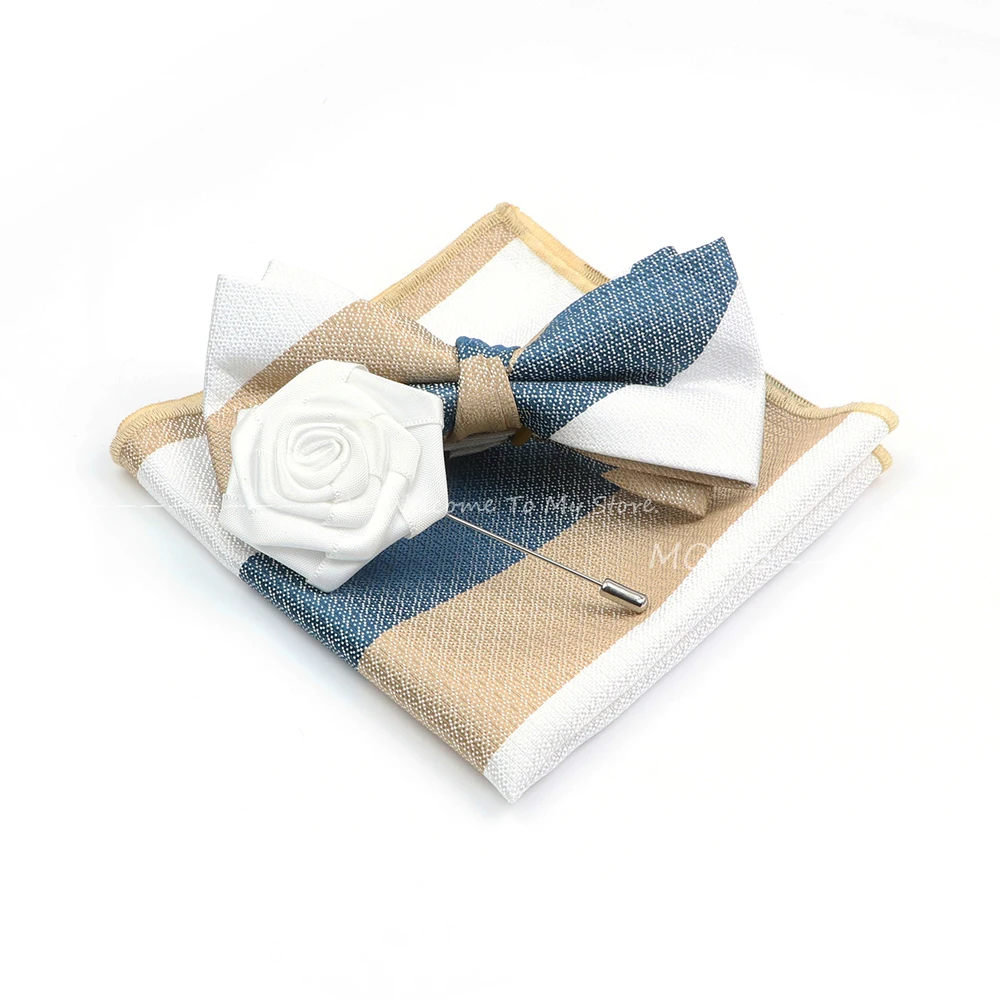 Gracefully Plaid Striped Polyester Handkerchief Set Blue Floral Butterfly Bowtie Brooch For Group Party Office Shirt Accessories