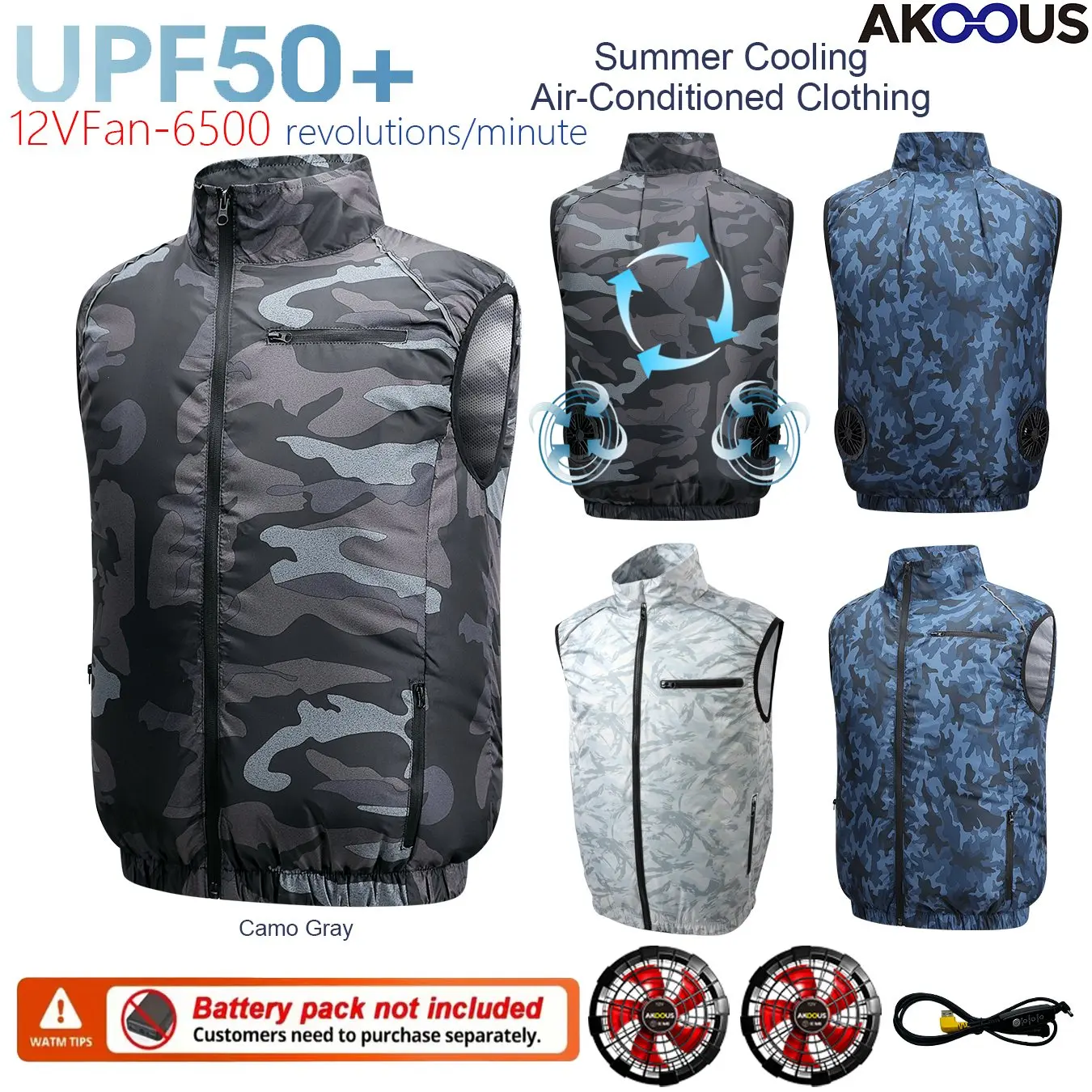 Colete de Resfriamento AKOOUS 12V USB com Ventilador para Trabalho ao Ar Livre e Pesca (Fonte de Alimentação Não Incluída)