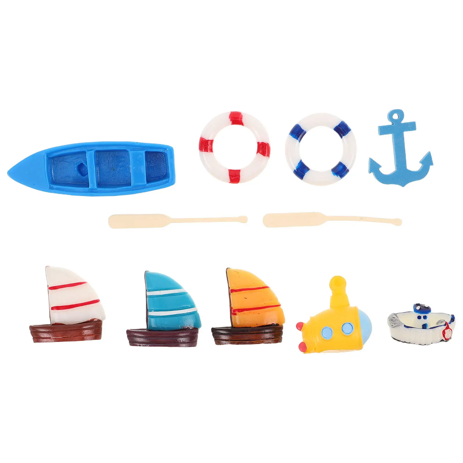 

10Pcs Resin Beach Miniatures Set Sailboat Paddles Lifebuoy Mediterranean Style Coastal Decor for Dollhouse Micro Landscape