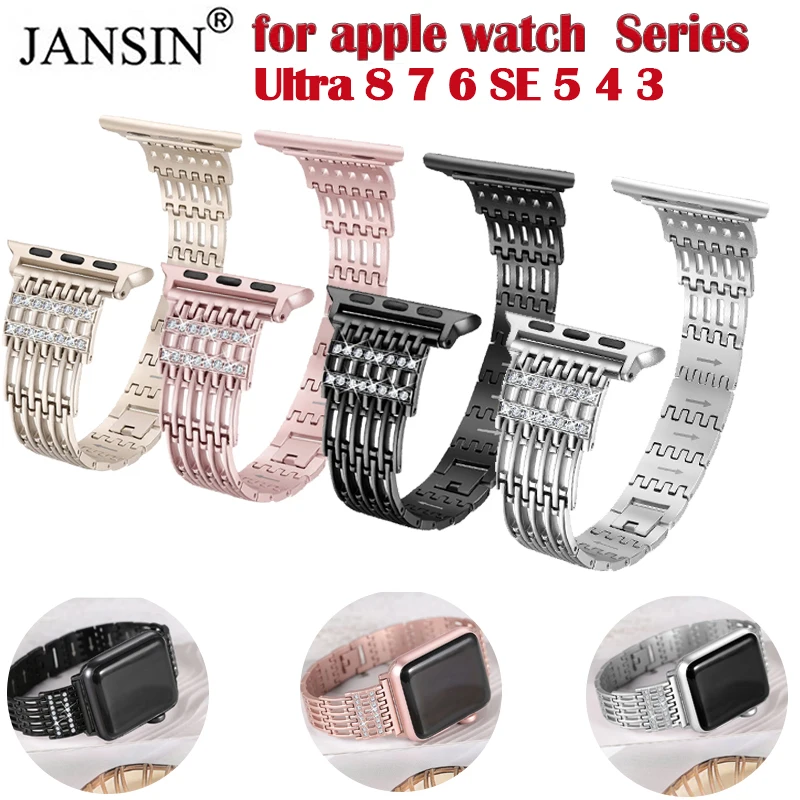 For Apple Watch Ultra 2 Band 49/45/44/42/41/40mm Women Diamond Band Strap for iWatch Series 987 6 5 4 3 Stainless Steel Bracelet