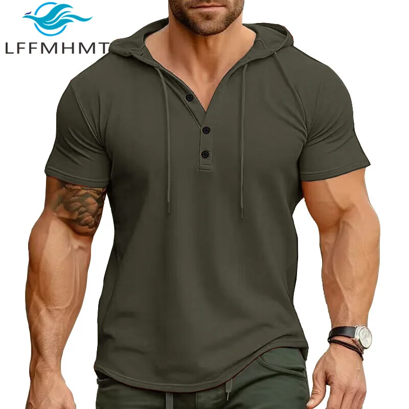 Men's Summer Fashion Short Sleeve Hooded T-shirt Outdoor Sport Exercise Relax Fit Solid Color Simple Basic Pullover Tops Male