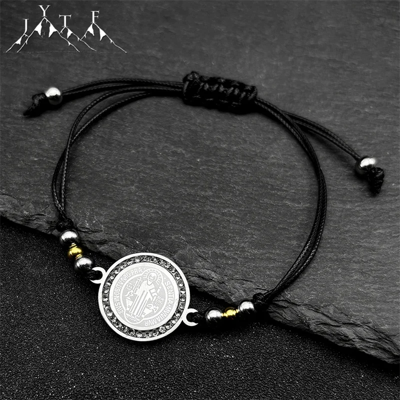 Saint Benedict Adjustable Leather Rope Chain Bracelet for Women Men Stainless Steel Gold Color San Benito Medal Bangles Jewelry