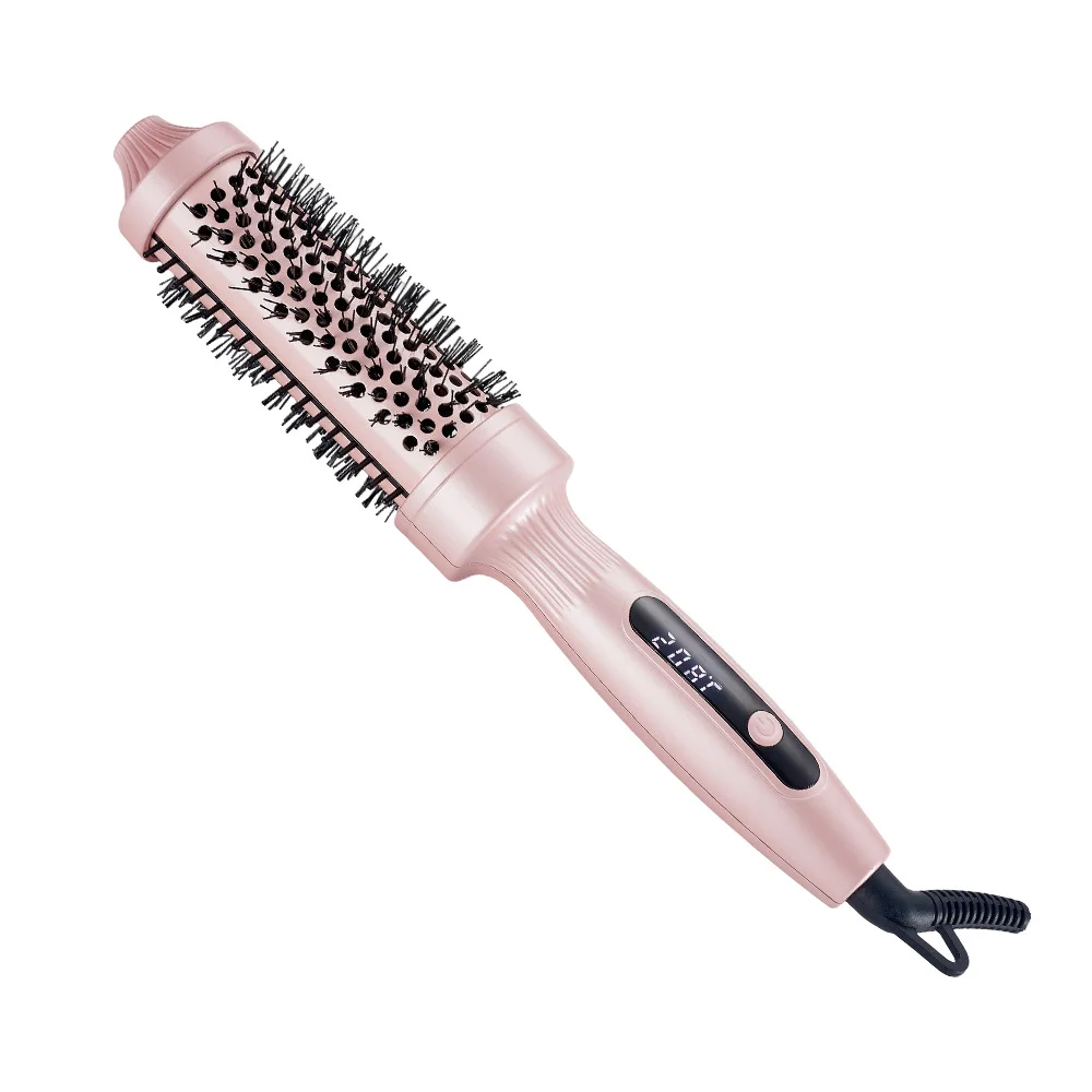 Hot-selling 38mm Ceramic Thermal Brush with LCD Display Fast heating Pink&Black Round heated brush for home party travel use