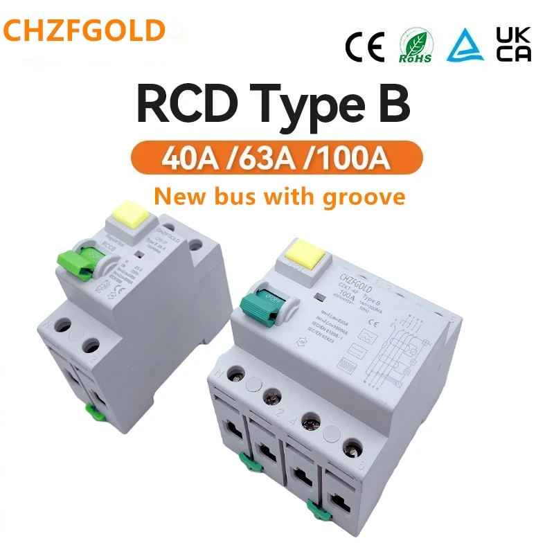 CHZFGOLD  EV solar DC differential switch, DIN rail leakage circuit breaker, 2P/4P, 63A, 30MA, 300MA, B-type slotted busbar 10KA