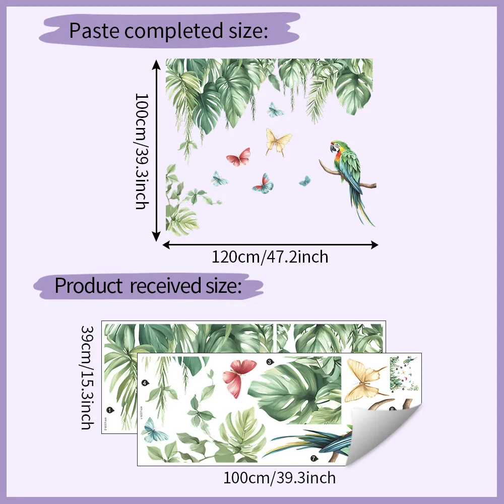 Palm Leaf Green Plant Parrot Butterfly Wall Sticker Tropical Plant Leaves Decals for Living Room Bedroom Home Wall Decoration