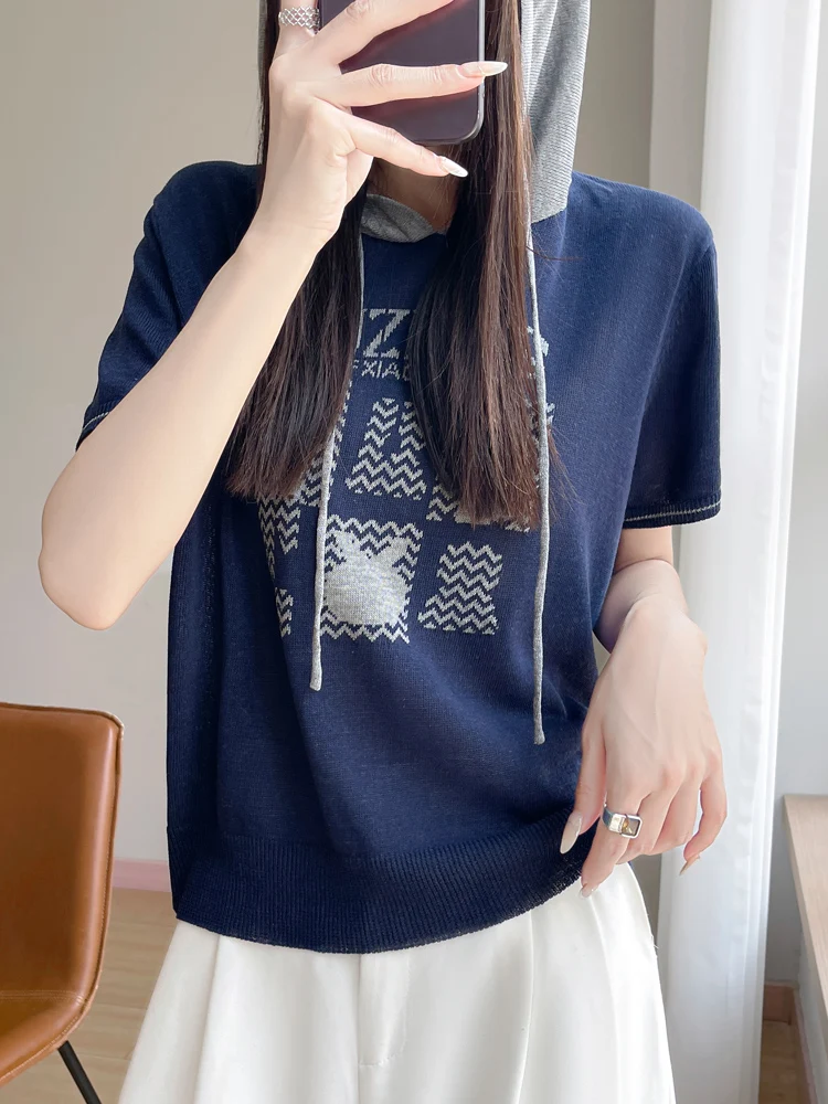 

25 New Large Size Summer Short Sleeves Drawstring Hooded T-Shirt Women's High Grade T-Shirt Fashion Comfortable Leisure T-Shirt
