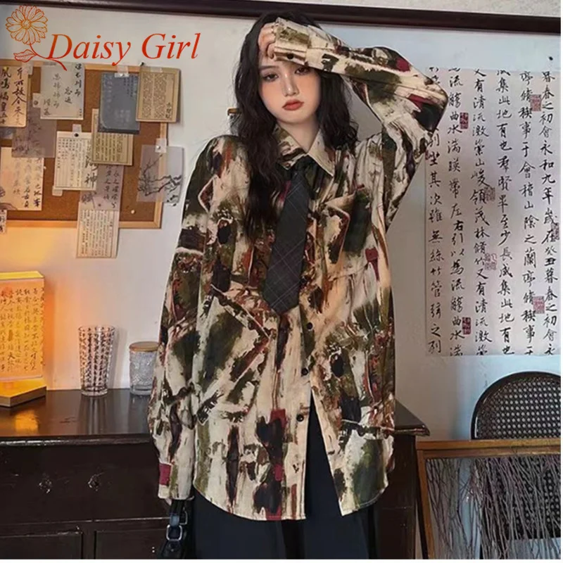

Новинка 2023 года, весенне-осенняя свободная рубашка средней длины с принтом масляной живописи и галстуком, рубашка средней длины с длинными рукавами для девочек, кардиган поло с вырезом в стиле ретро