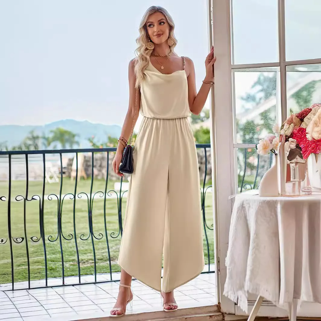 2024 New Ladies Solid Color Sling Waist Waist Wide Leg jumpsuit Summer Fashion Leisure Two Pieces Suit Full Set for Women