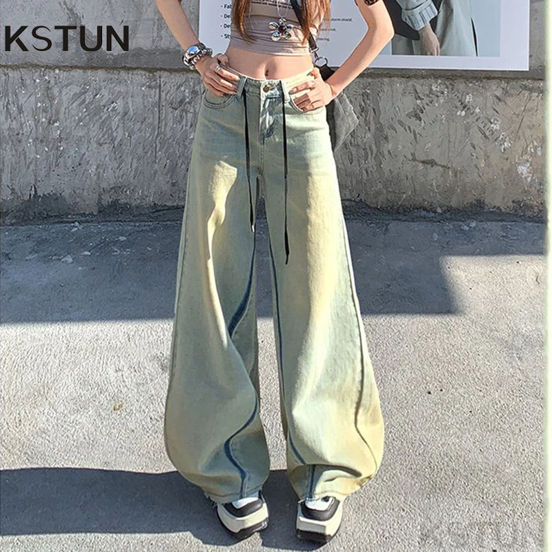 

KSTUN 2026 Spring Vintage Baggy Jeans For Women Streetwear Wide Leg Denim Pants Stripes Design Drawstring Girls Mopping Pants