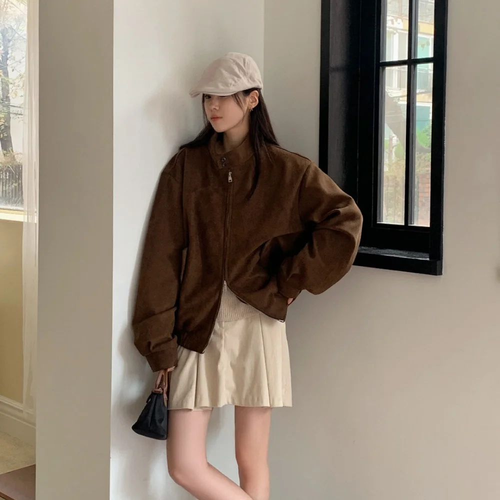 American Style Vintage Stand Collar Double Zipper Suede Jacket Women's Premium Texture Temperament Versatile Loose Coat