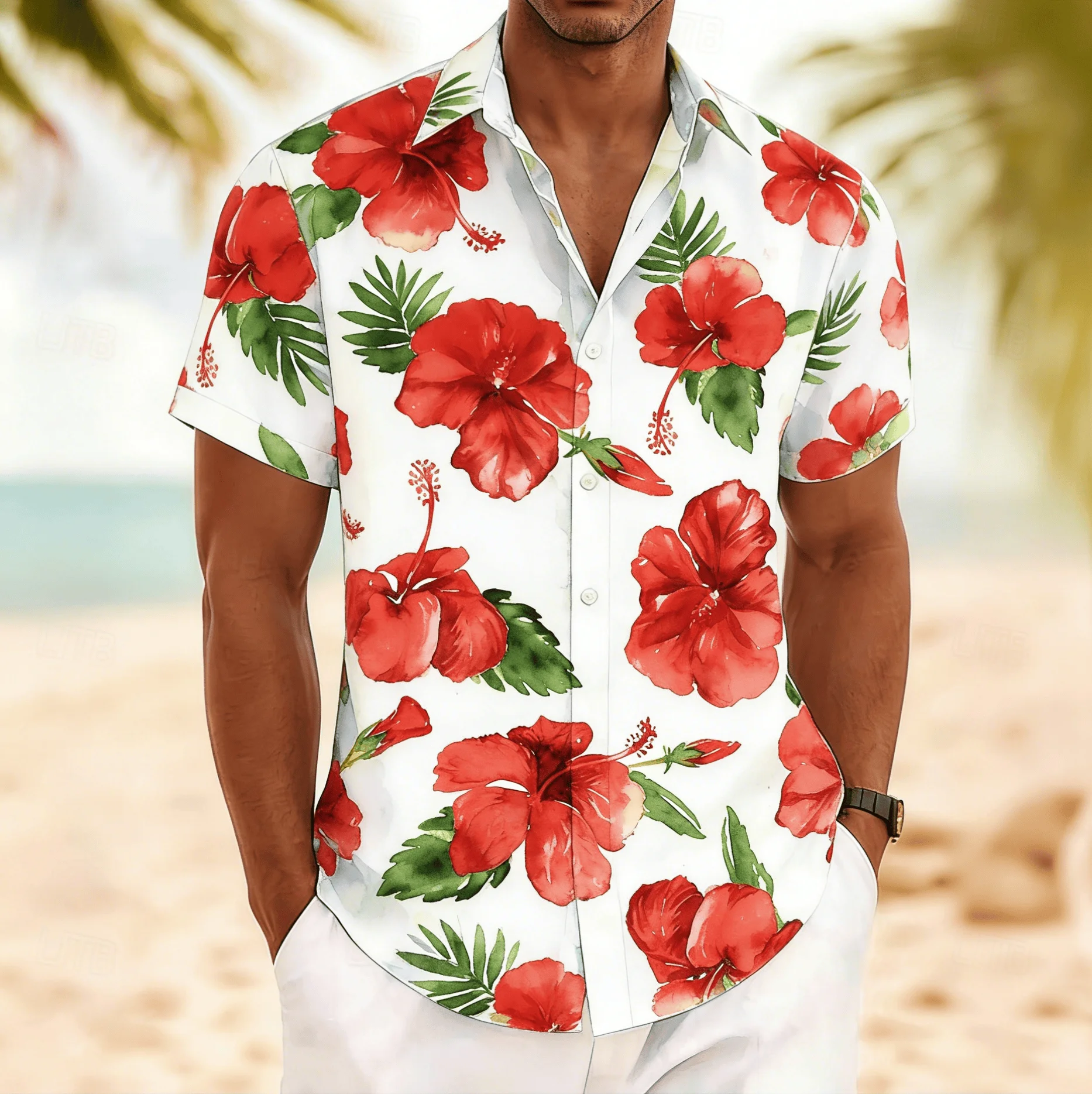 

Men's Watercolor Red Hibiscus Print Short Sleeve Shirt, Spring Summer Vintage Hawaiian Vacation Blouse, Loose Casual Top