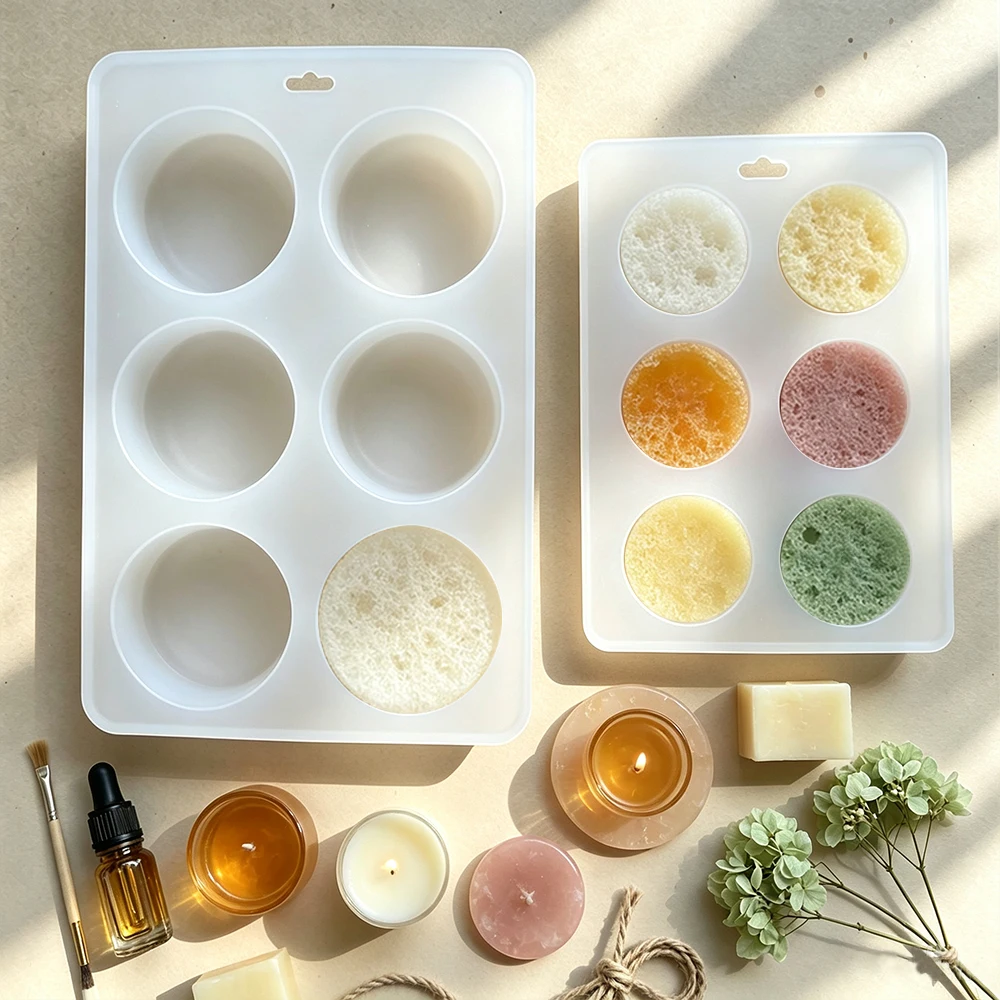 Candle Making Bath - 6個の丸い型を持つシリコン製石鹸型、DIYバスソープ、レジンクラフト、ワックスメルト、キャンドル作り用の手作り石鹸製造型