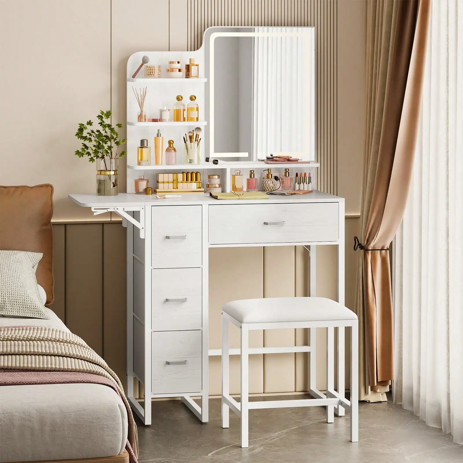 2 Sizes Vanity Desk Set With Mirror LED Lights (Powered By USB) And Power Outlet, Vanity Desk With Soft Dressing Stool And Drawers, Open Organizer, Dressing Table Bedroom, Home Decor, Bedroom Furniture, For Back To School Season