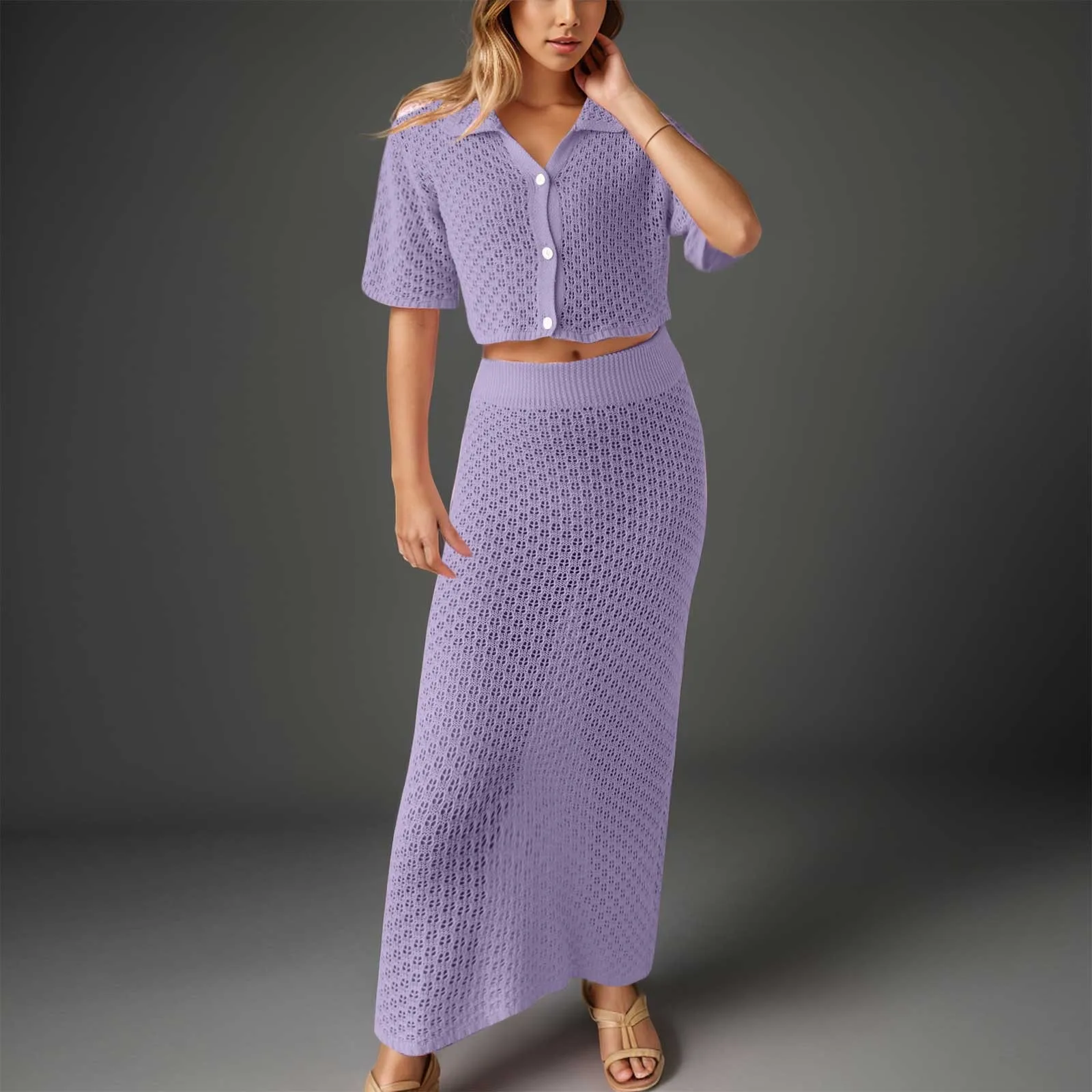 

Women Y2K Knitted Two Piece Set 2024 Summer Hollow Out Short Sleeve Lapel Crop Top Shirts And Long Skirt Bohemian Sexy Clubwear