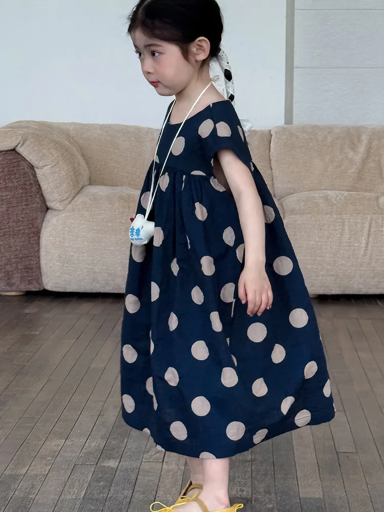 

2025 Summer New Girls Polka Dot Dress Cotton Children Short Sleeve Dress Comfortable Breathable Girls Casual Dress Kids Clothes