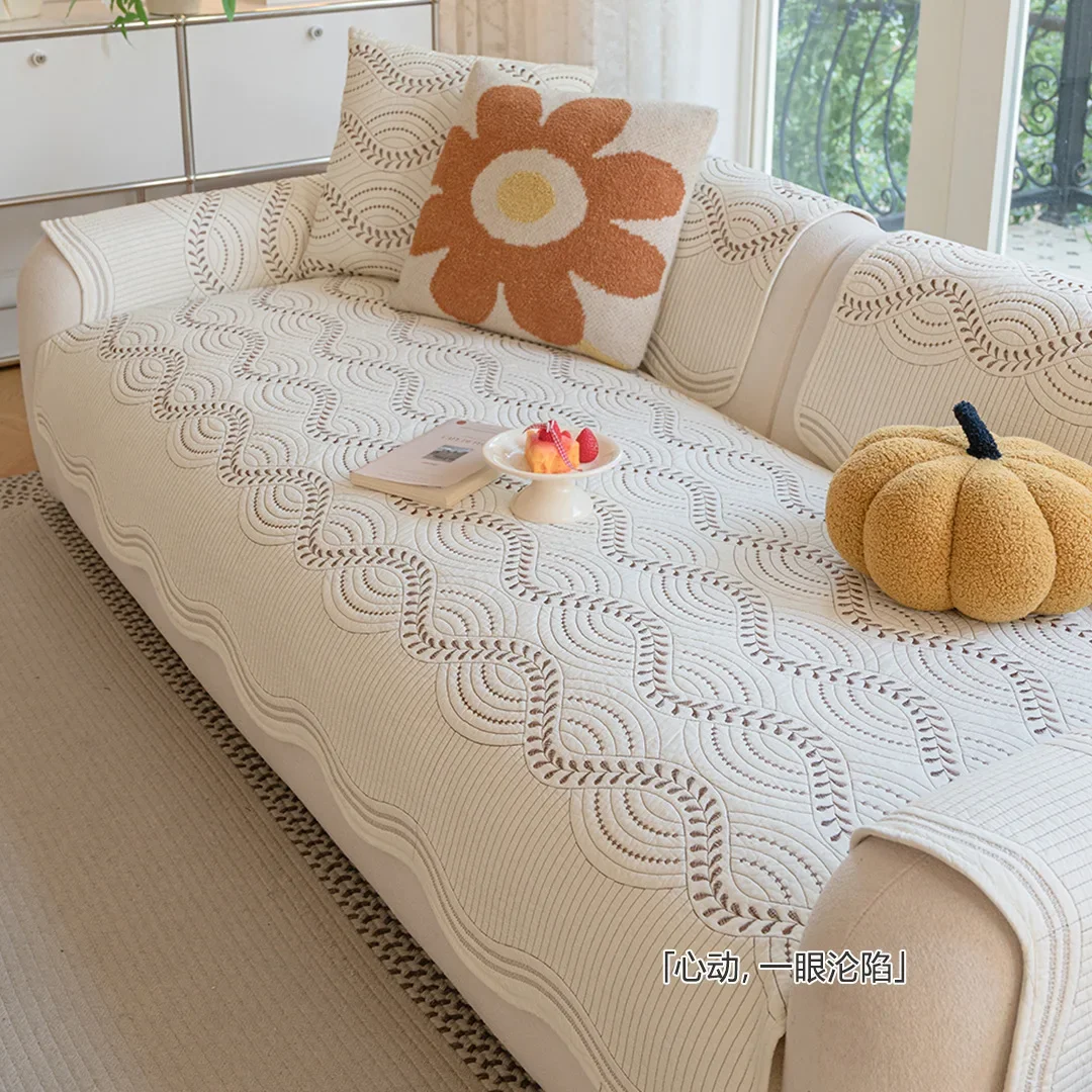 Leather Sofa Seat Cover Luxury Premium All-Season New Embroidered Fabric Cushion One-Piece Straight Row Irregular Sofa Slipcover