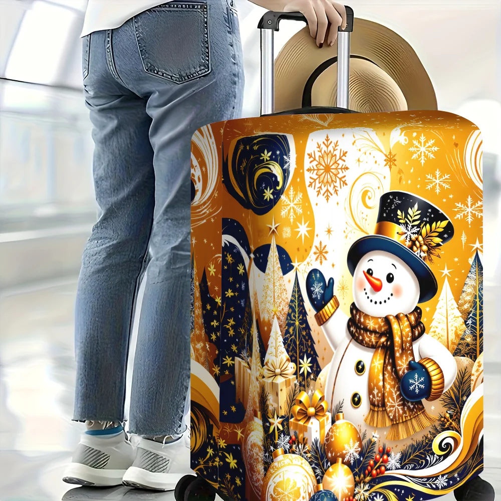 1PC Gold-Decorated Christmas snowman print luggage cover for luggage sizes 18 – 32 inches; dust and elastic travel accessories t