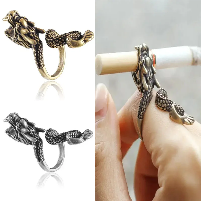 Retro Personalized Cigarette Holder Opening Adjustable Ring Men\'s Fashion Domineering Dragon Fun Ring Alternative Trend Jewelry