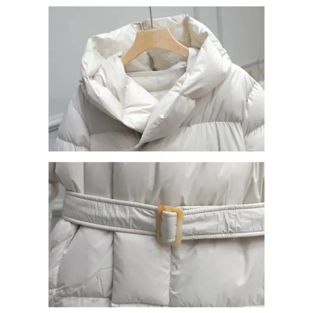 Damska kurtka puchowa na zimę 2025 z paskiem, duża parka z kapturem, damska kurtka puchowa, ciepły płaszcz codzienny, płaszcz zimowy damski