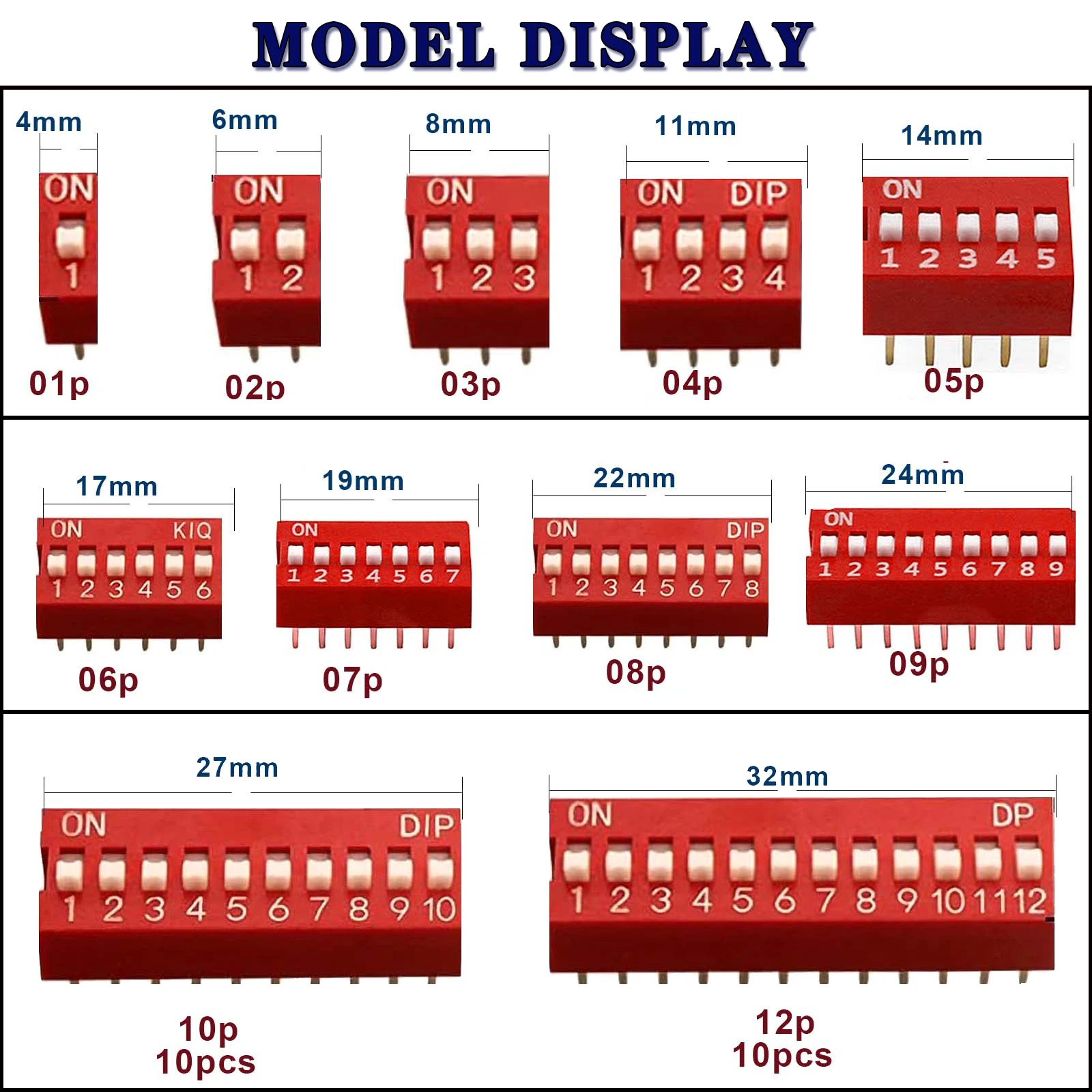 10pcs Slide Type Dip Switch Double Row Toggle Switches Module 2.54mm 1 - 12 Position For Circuit Breadboards