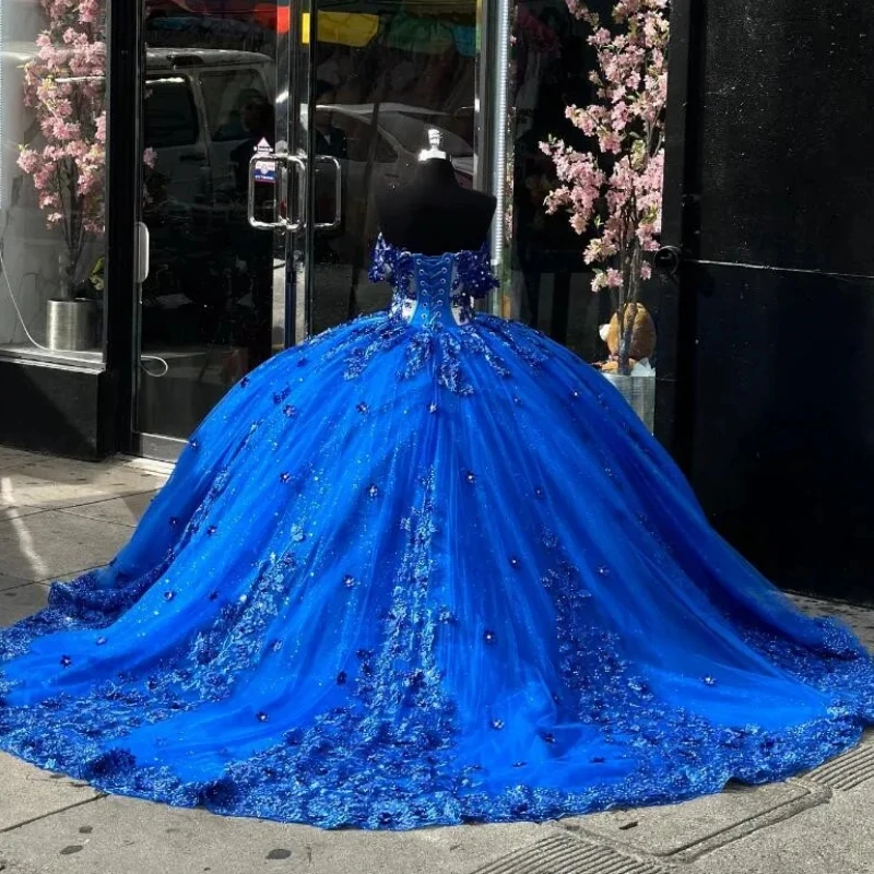 Customized Royal Blue Quinceanera Dresses Off Shoulder Lace Applique Corset Ball Gown Sweet 16 Girl Birthday Party Prom Dress