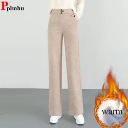Women Thicken Loose Wide Leg Pants Winter Warn Elastic High Waist Velvet Lined Straight Pantalones Korean Casual Snow Wear Calca