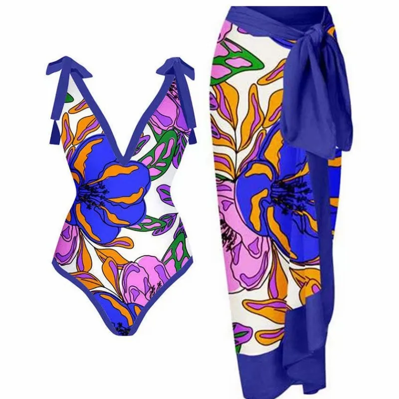 

2025 new European and American one-piece conservative belly cover beach hot spring swimsuit two-piece skirt-style printed one-pi