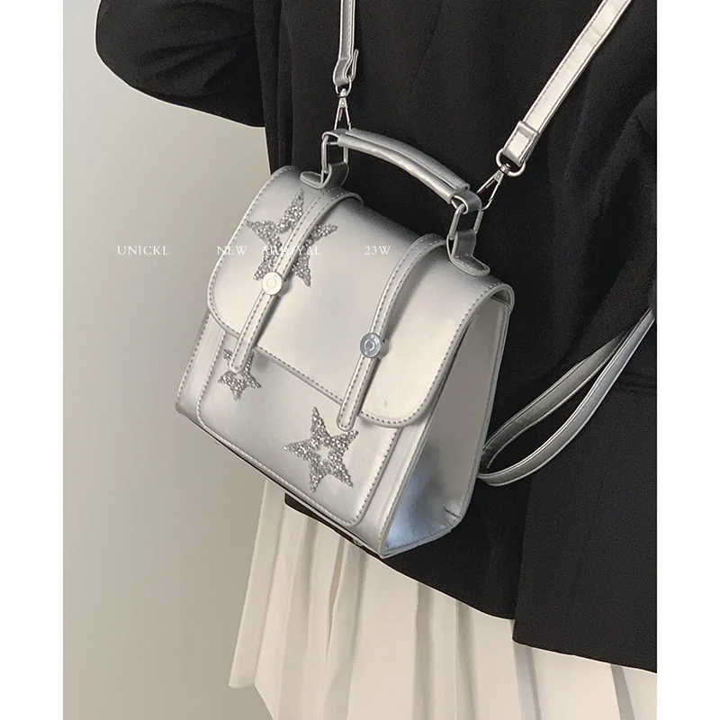 JIAERDI Star Silver Backpack Women 2023 New Harajuku Shine Leather Cute Y2k Mochila Female Vintage Fairycore Backpacks Aesthetic