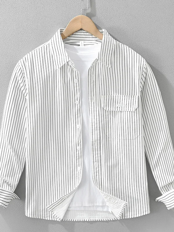 

Retro Japanese Sle Long Sve Pure Cotton Casual Loose Men's irt Trendy Simple Stripe Pattern All-Match Outerwear