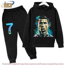 Ronaldo avatar printed children's sports hoodie set plus velvet sweatshirt pants 2-piece set for boys and girls