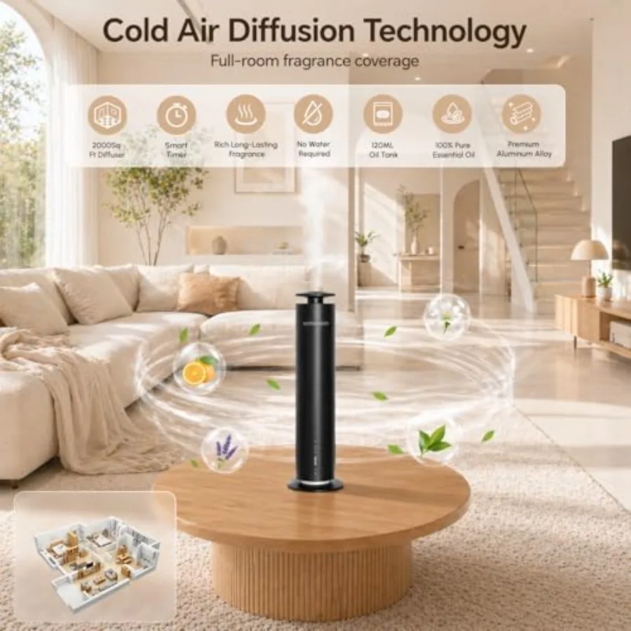 Waterless Scent Diffuser Starter Kit with 5 Oils, Aluminum Alloy Body, Matte Black Finish, Covers up to 2000 Sq Ft, Cold Air Te