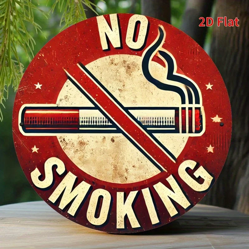 2D Flat, Vintage „No Smoking“ Metallschild – Retro-Eisenwandkunst mit rot-weißem Design, 19,81 cm rund, perfekt für Zuhause, Büro,