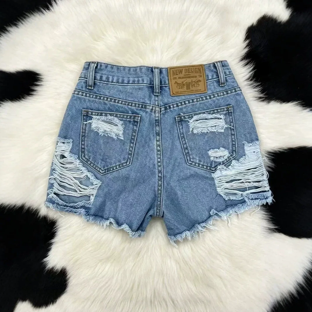 Denim Pant Women Jeans Vintage Short Pants Slim Fit High Waist Straight Trousers Y2k Streetwear Elegant Splice Work Casual Hole
